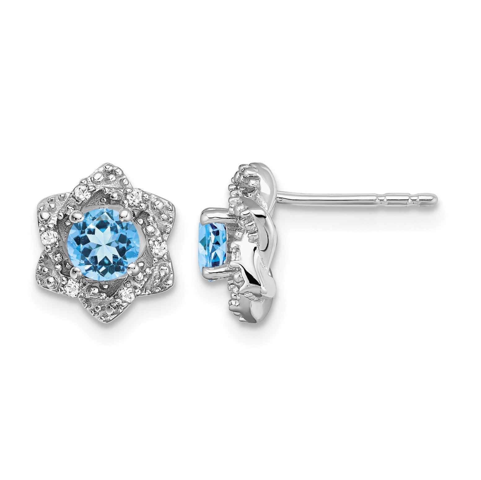 14k White Gold Round Blue Topaz and .06 carat Diamond Floral Post Earrings