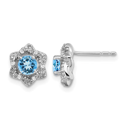 14k White Gold Round Blue Topaz and .06 carat Diamond Floral Post Earrings