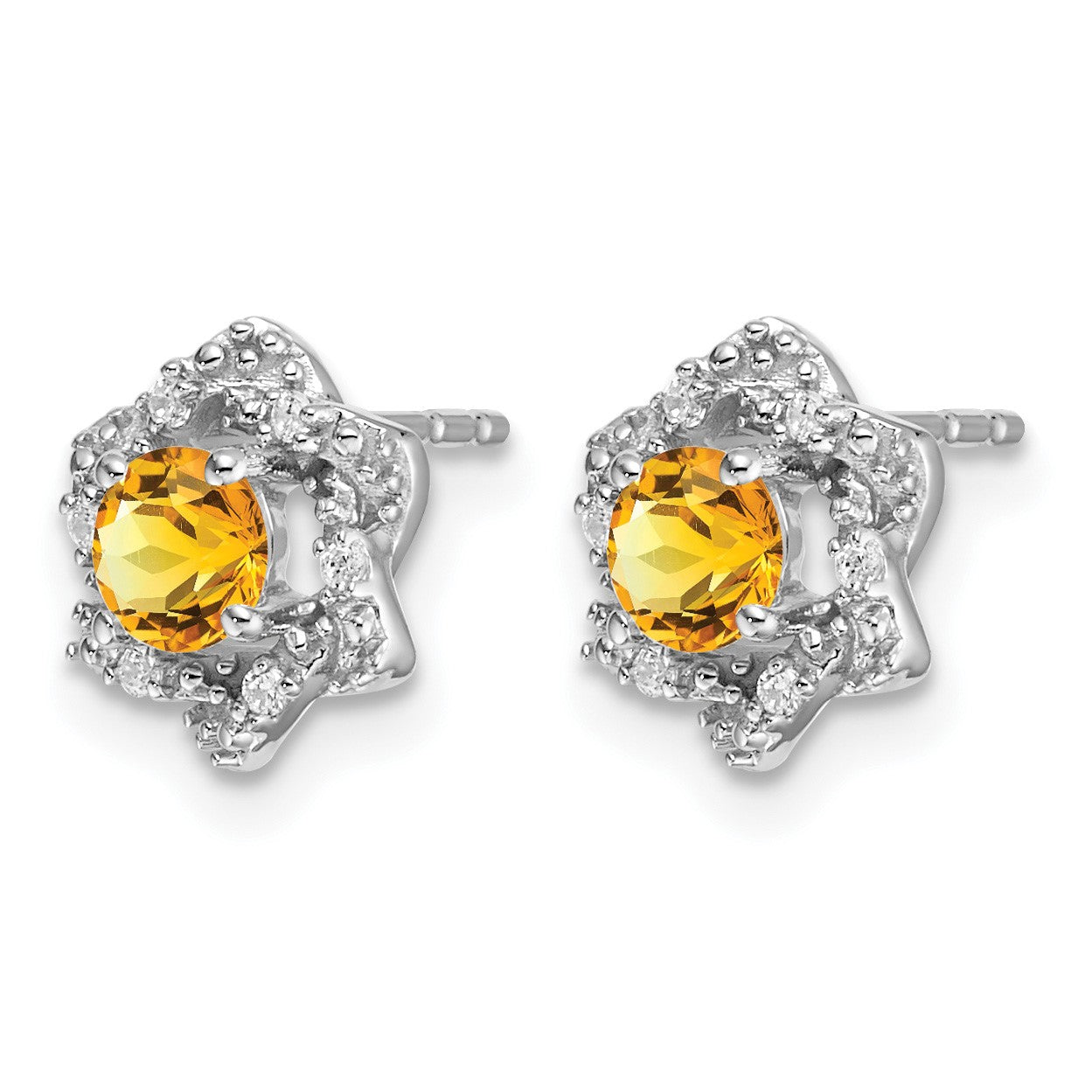14k White Gold Round Citrine and .06 carat Diamond Floral Post Earrings