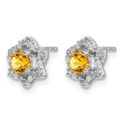 14k White Gold Round Citrine and .06 carat Diamond Floral Post Earrings