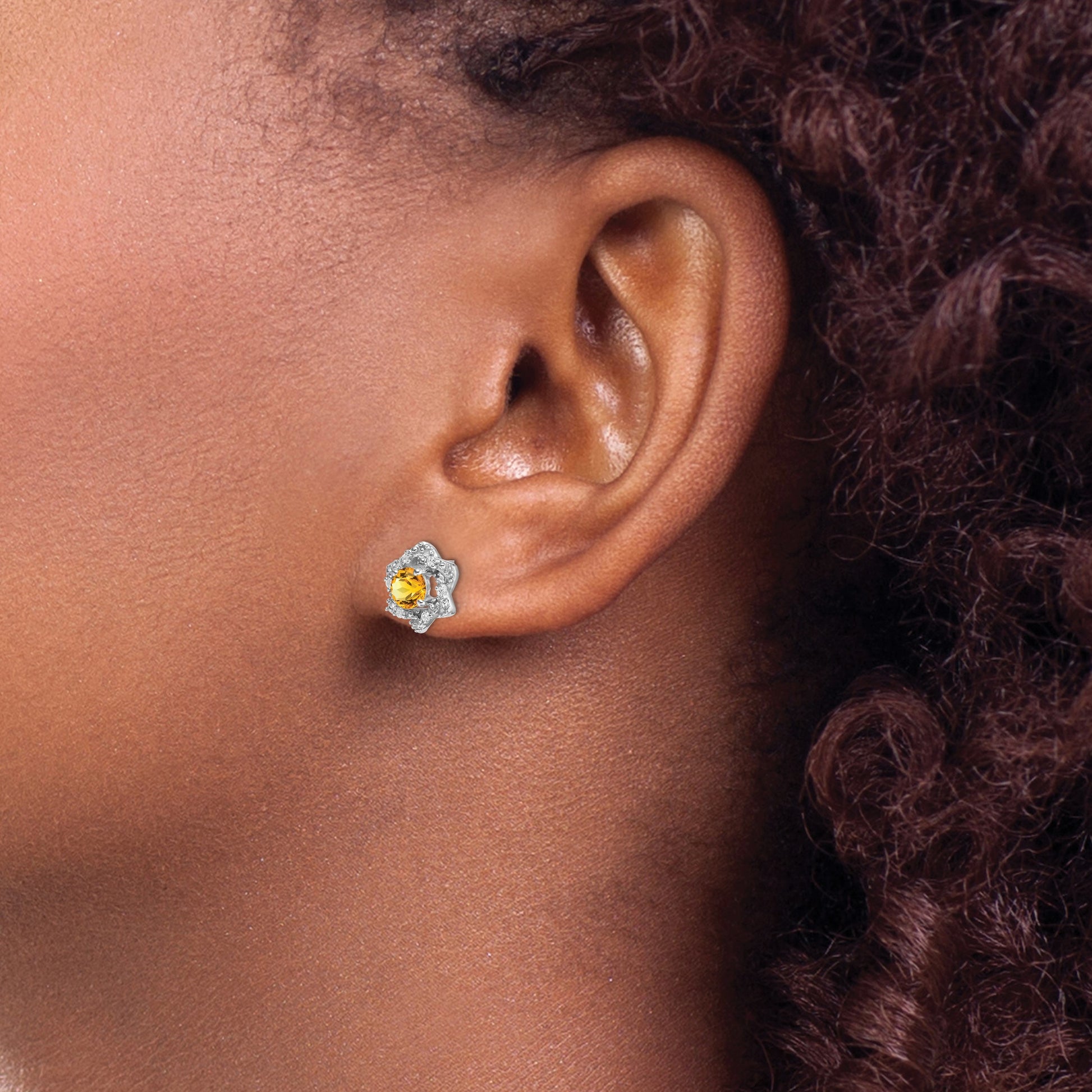 14k White Gold Round Citrine and .06 carat Diamond Floral Post Earrings