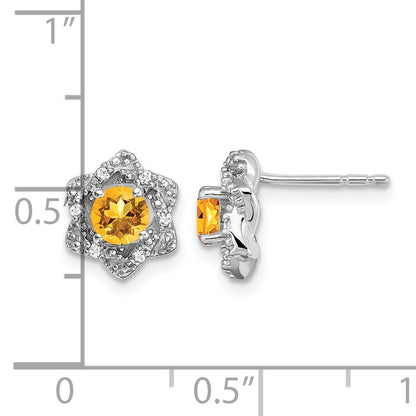 14k White Gold Round Citrine and .06 carat Diamond Floral Post Earrings