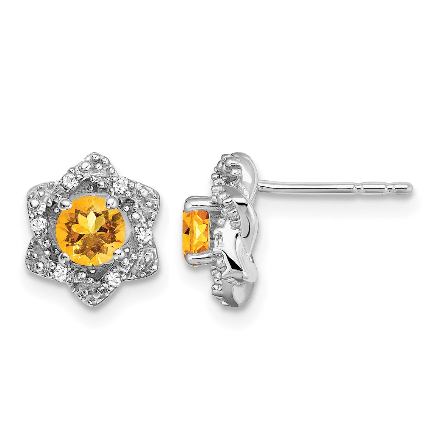 14k White Gold Round Citrine and .06 carat Diamond Floral Post Earrings