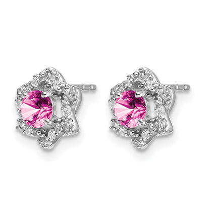 14k White Gold Lab Created Pink Sapphire and Diamond Floral Post Earrings