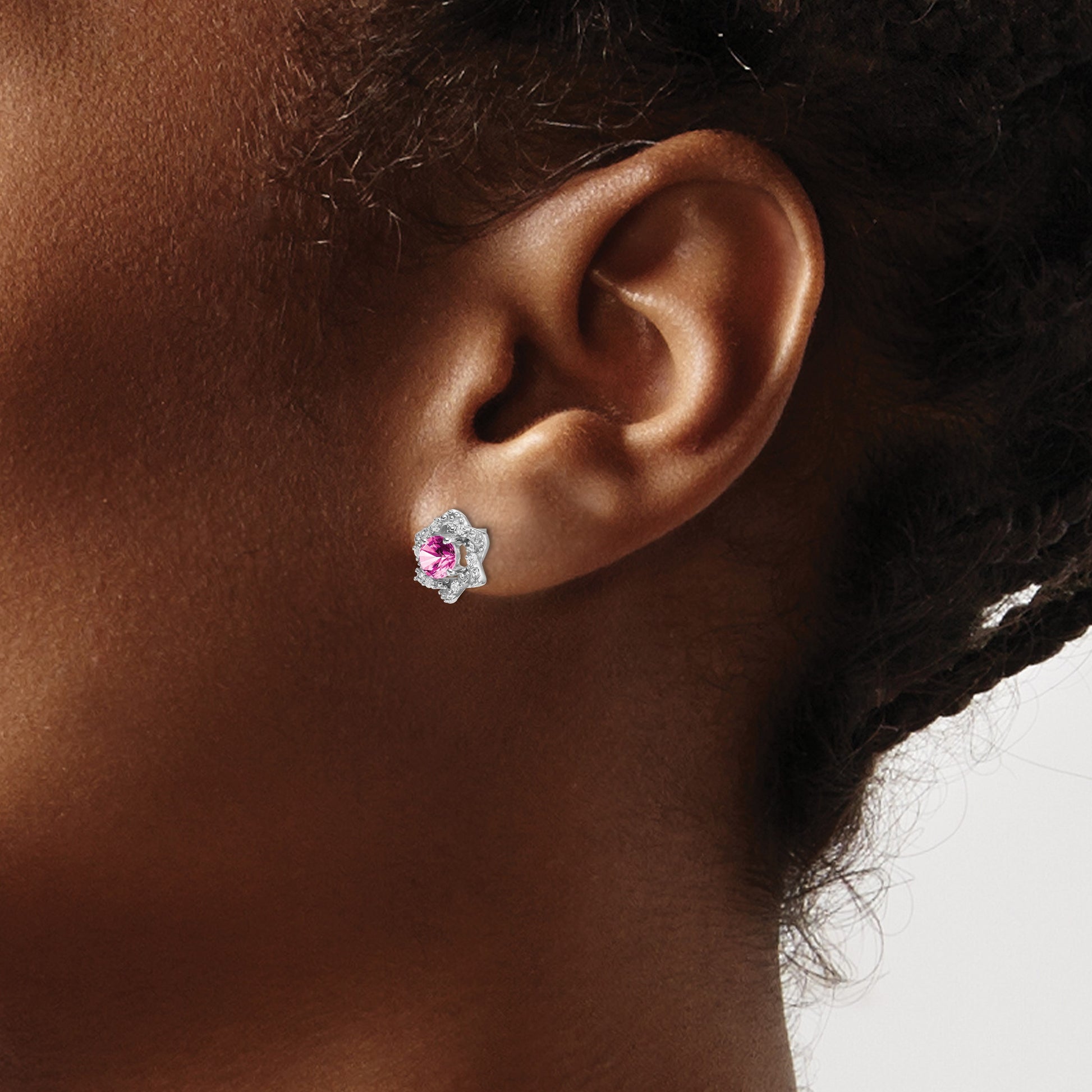14k White Gold Lab Created Pink Sapphire and Diamond Floral Post Earrings