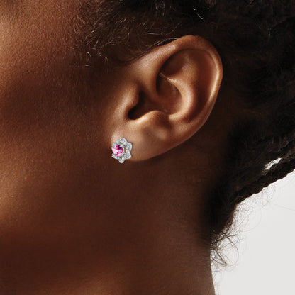 14k White Gold Lab Created Pink Sapphire and Diamond Floral Post Earrings