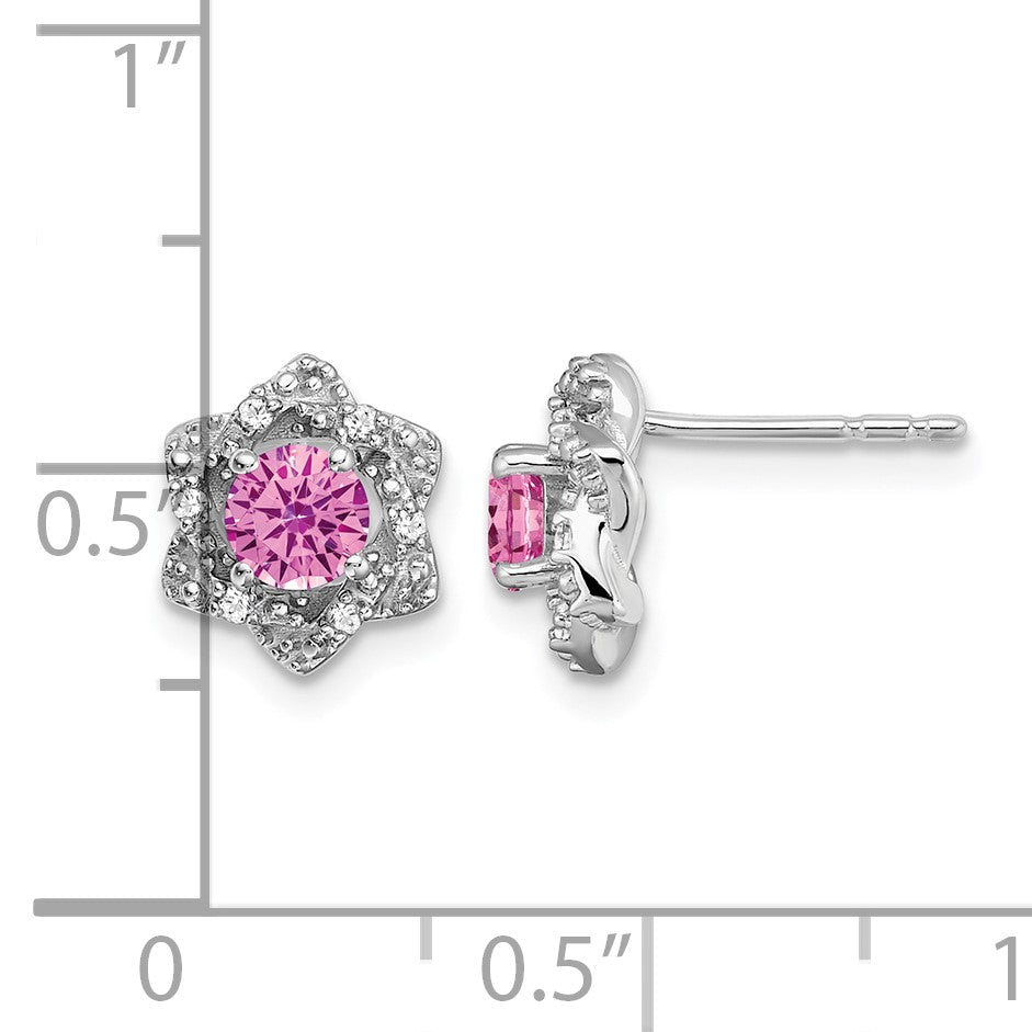 14k White Gold Lab Created Pink Sapphire and Diamond Floral Post Earrings