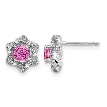 14k White Gold Lab Created Pink Sapphire and Diamond Floral Post Earrings