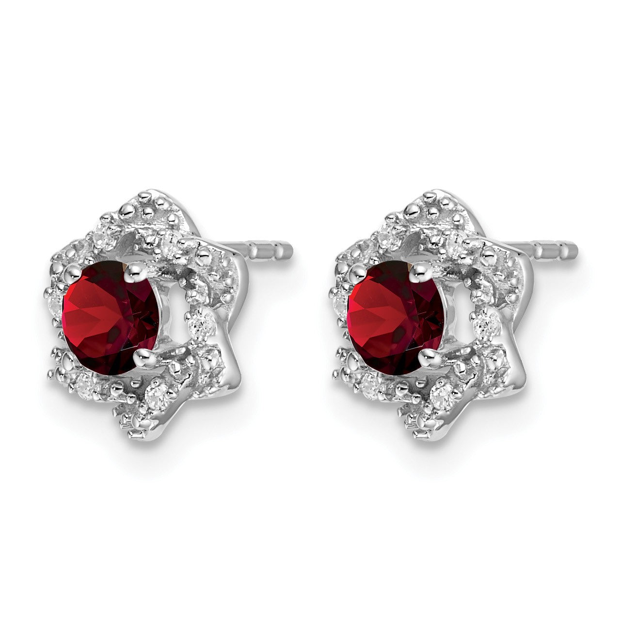 14k White Gold Round Garnet and .06 carat Diamond Floral Post Earrings