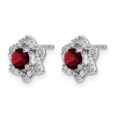 14k White Gold Round Garnet and .06 carat Diamond Floral Post Earrings
