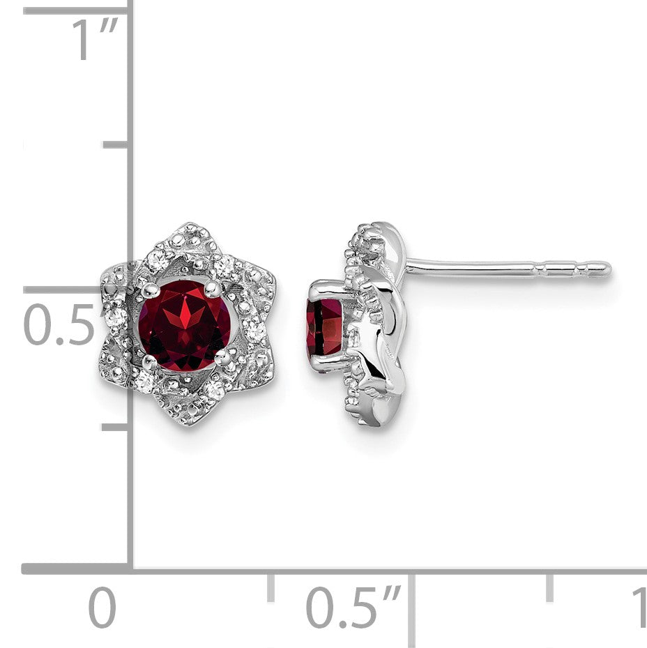 14k White Gold Round Garnet and .06 carat Diamond Floral Post Earrings
