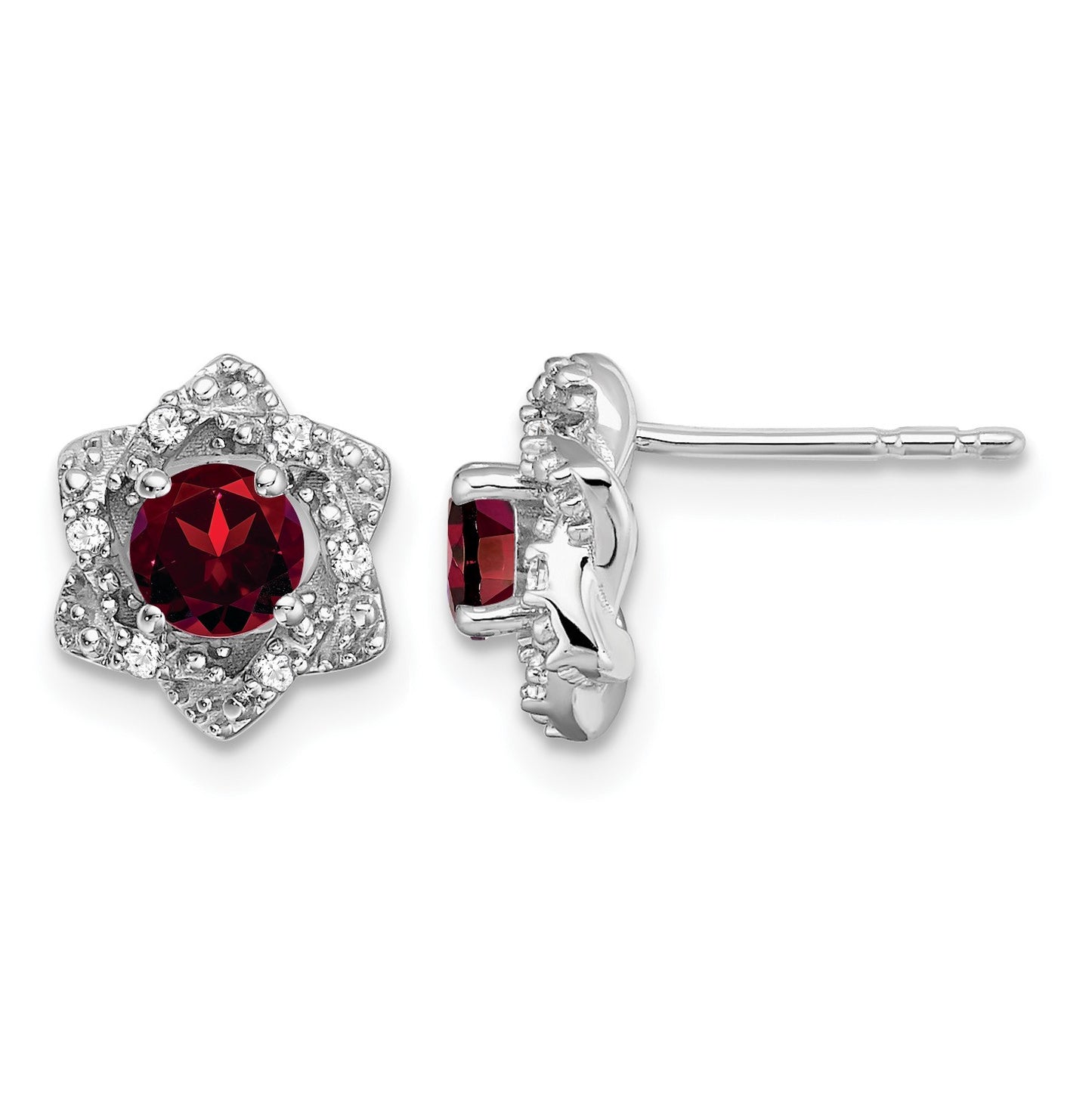 14k White Gold Round Garnet and .06 carat Diamond Floral Post Earrings
