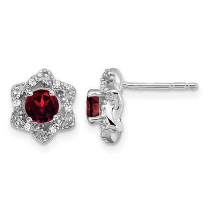 14k White Gold Round Garnet and .06 carat Diamond Floral Post Earrings