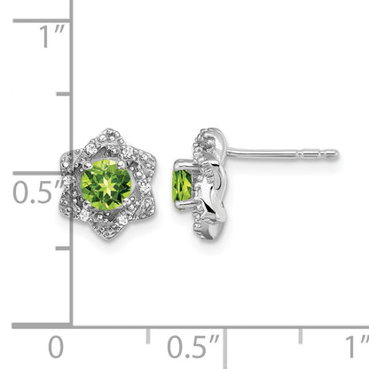 14k White Gold Round Peridot and .06 carat Diamond Floral Post Earrings