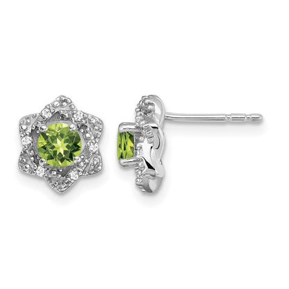 14k White Gold Round Peridot and .06 carat Diamond Floral Post Earrings