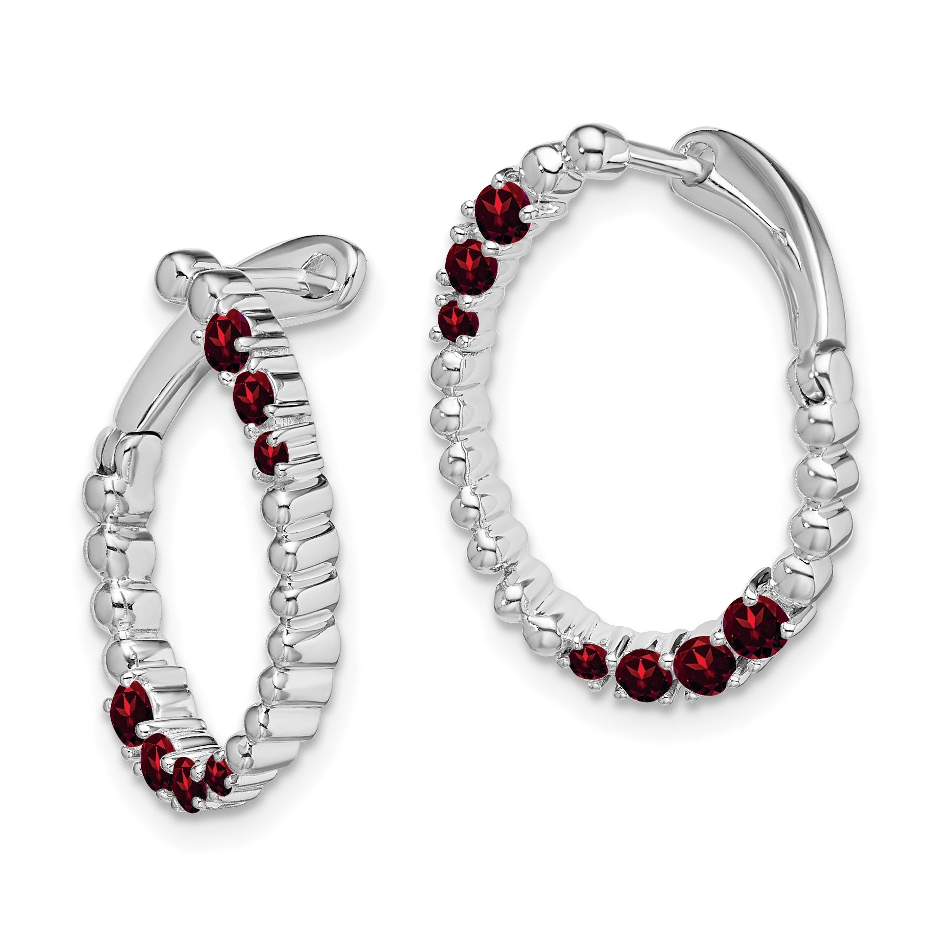 14k White Gold Garnet Twisted Oval Hoop Earrings
