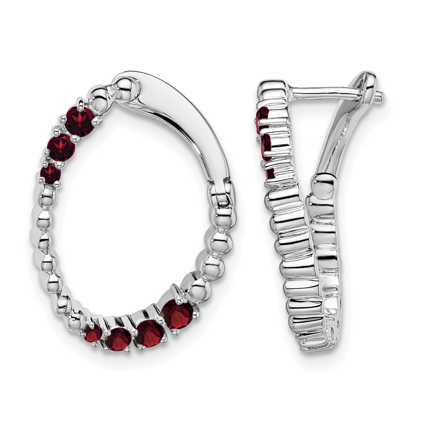14k White Gold Garnet Twisted Oval Hoop Earrings