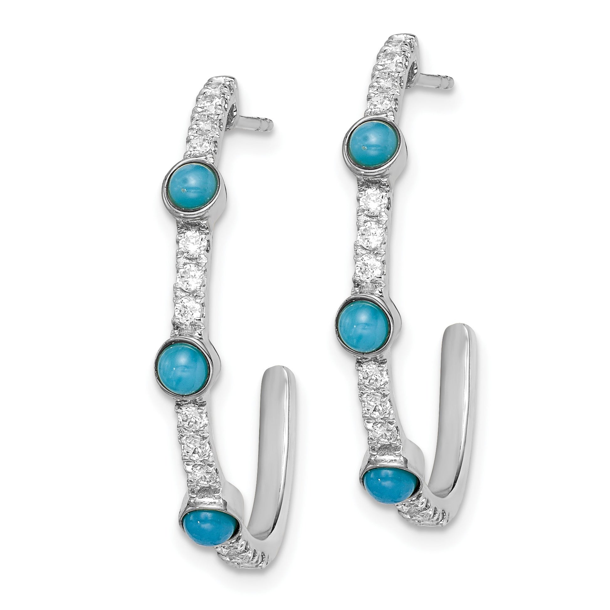 14k White Gold Turquoise and White Topaz J-hoop Post Earrings