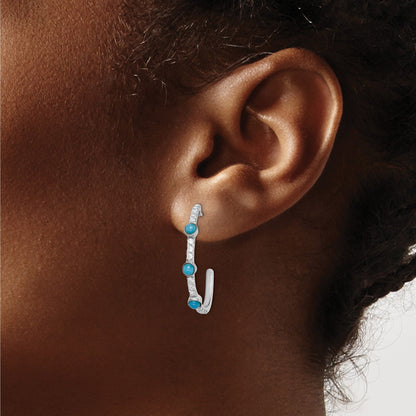 14k White Gold Turquoise and White Topaz J-hoop Post Earrings