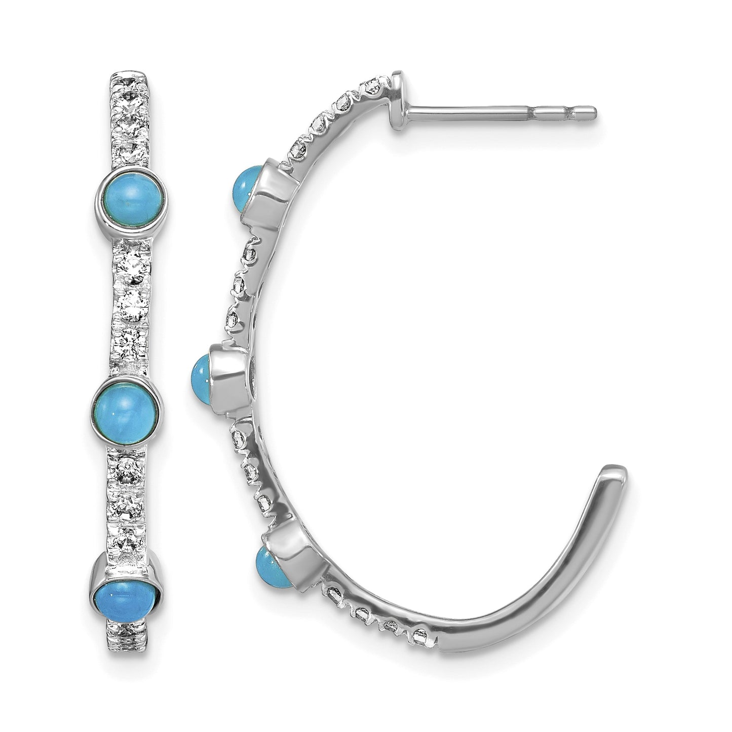 14k White Gold Turquoise and White Topaz J-hoop Post Earrings
