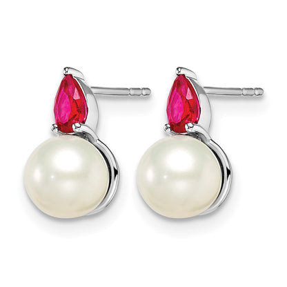 14k White Gold 6-7mm White Round Freshwater Cultured Pearl and .60RU Pear Ruby Post Earrings