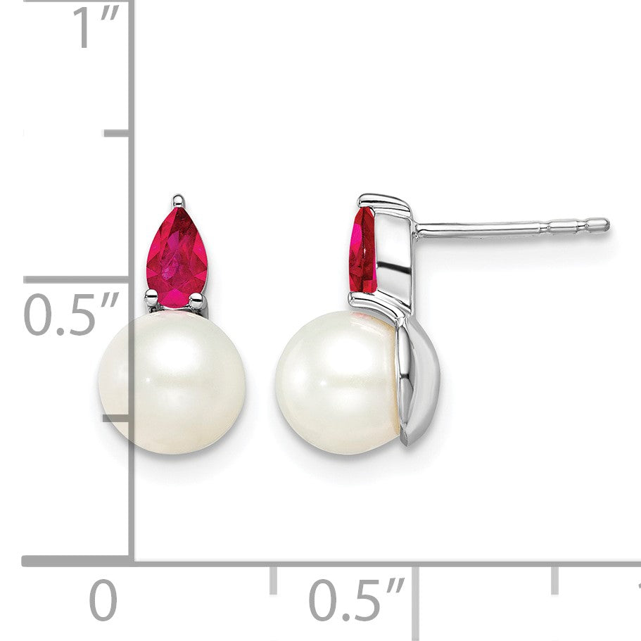 14k White Gold 6-7mm White Round Freshwater Cultured Pearl and .60RU Pear Ruby Post Earrings
