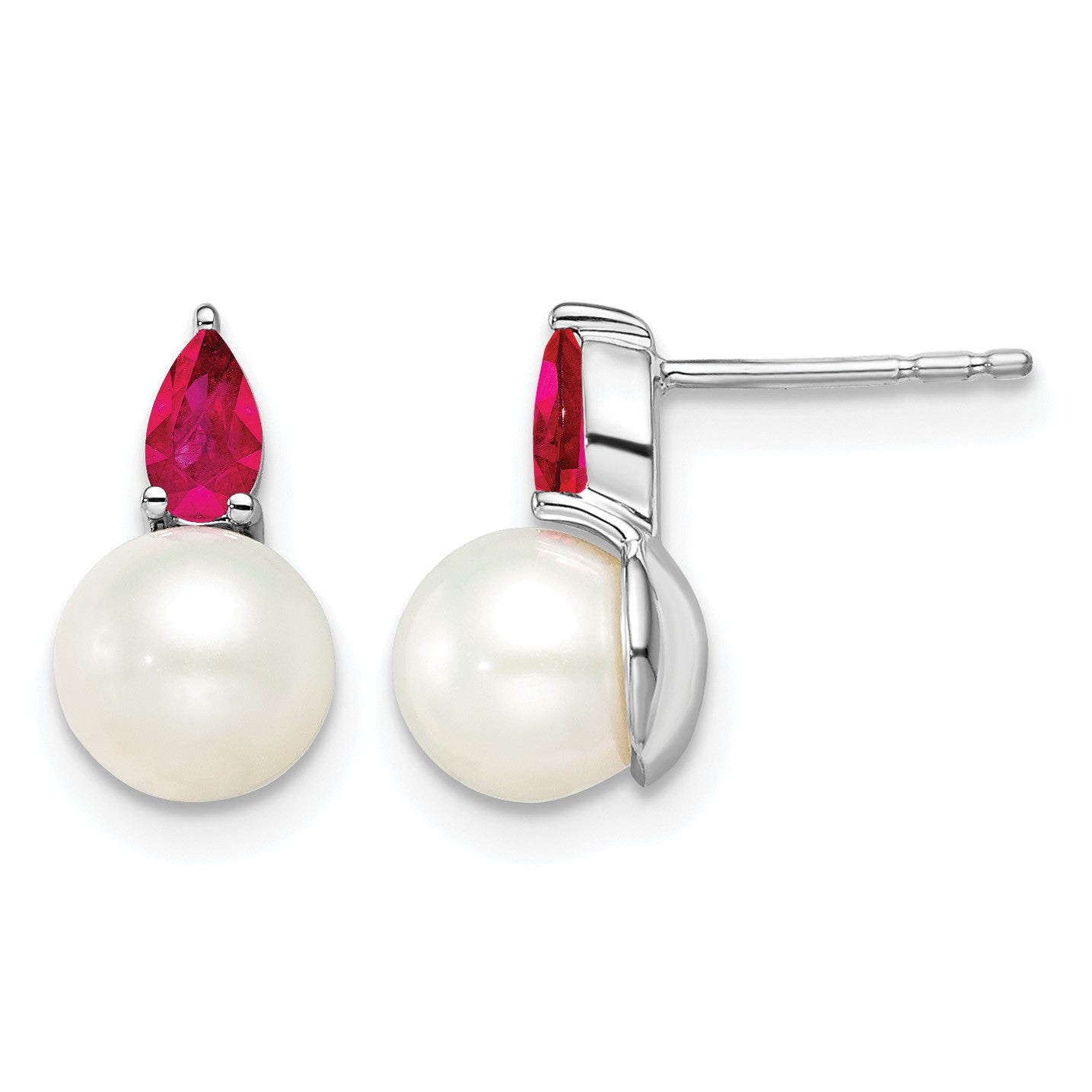 14k White Gold 6-7mm White Round Freshwater Cultured Pearl and .60RU Pear Ruby Post Earrings
