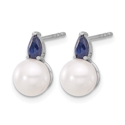 14k White Gold 6-7mm White Round Freshwater Cultured Pearl and .60SA Pear Sapphire Post Earrings