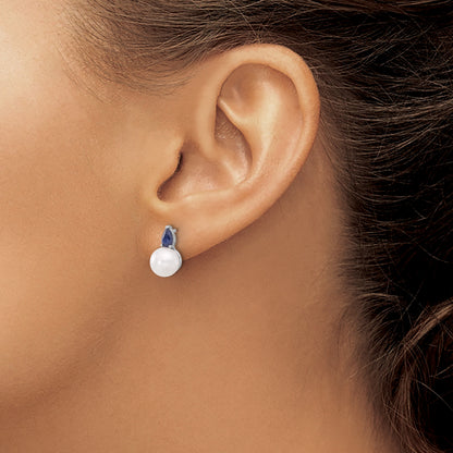 14k White Gold 6-7mm White Round Freshwater Cultured Pearl and .60SA Pear Sapphire Post Earrings