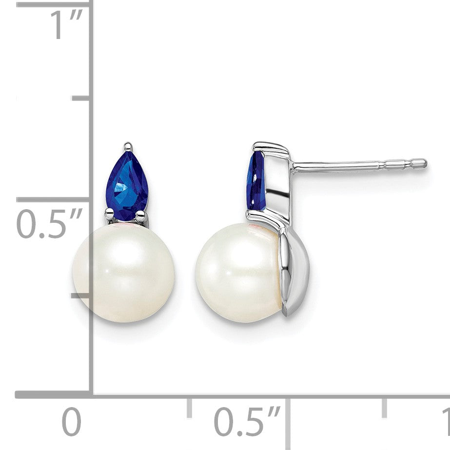 14k White Gold 6-7mm White Round Freshwater Cultured Pearl and .60SA Pear Sapphire Post Earrings