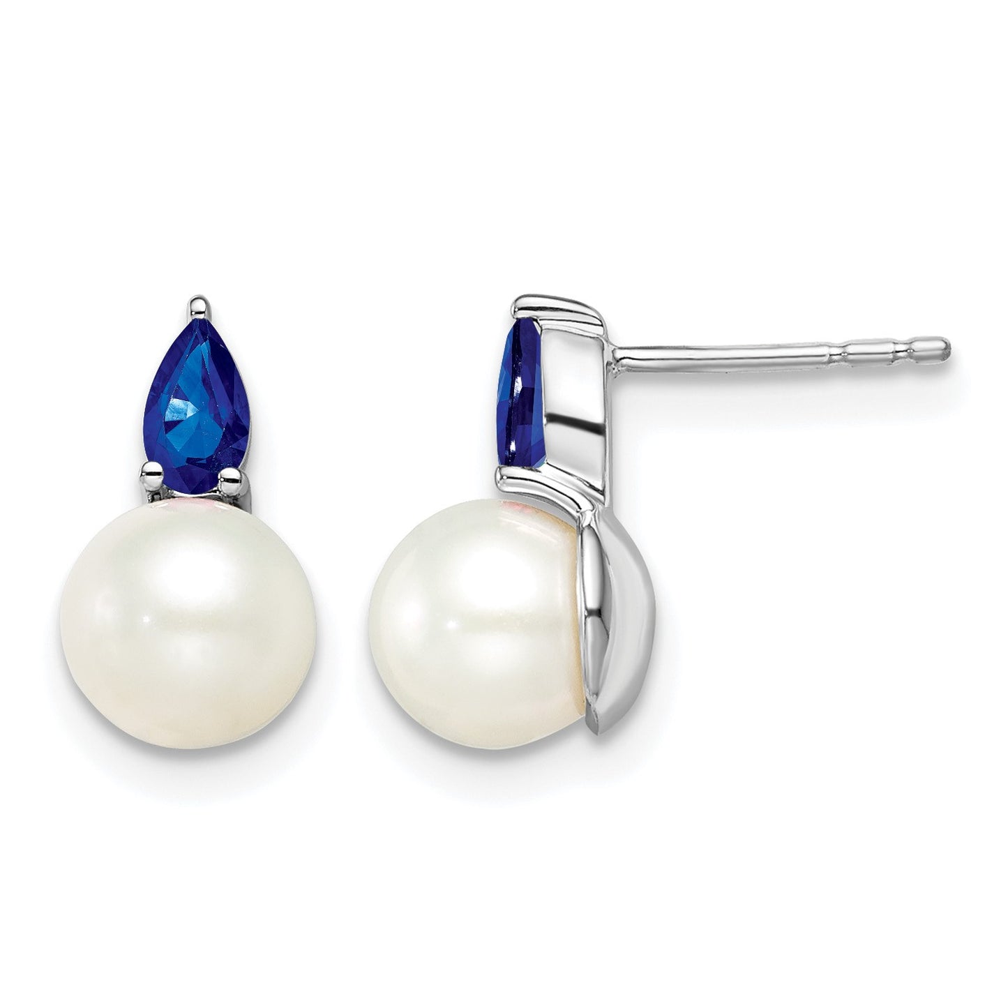 14k White Gold 6-7mm White Round Freshwater Cultured Pearl and .60SA Pear Sapphire Post Earrings