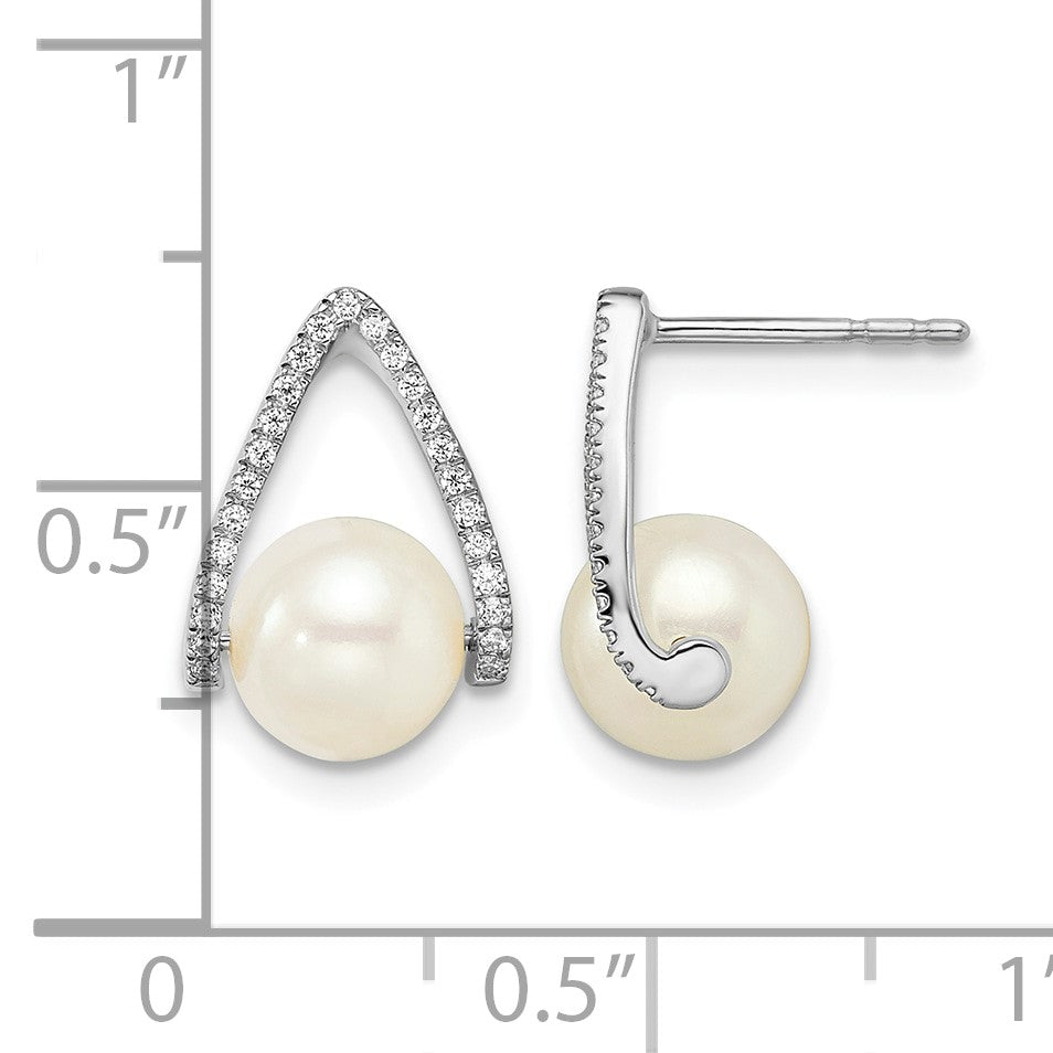 14k White Gold 6-7mm White Button Freshwater Cultured Pearl and .15 carat Diamond Post Earrings