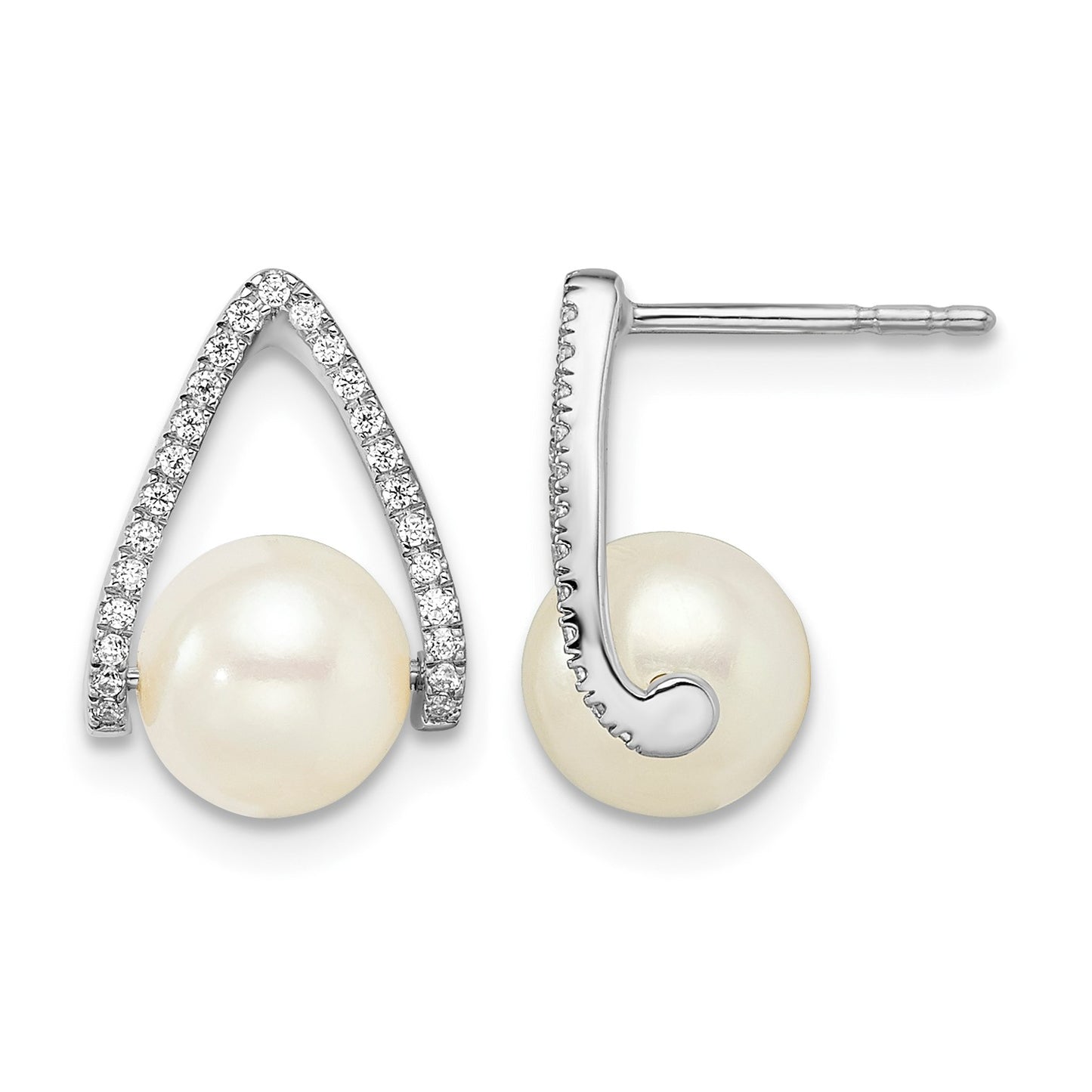 14k White Gold 6-7mm White Button Freshwater Cultured Pearl and .15 carat Diamond Post Earrings