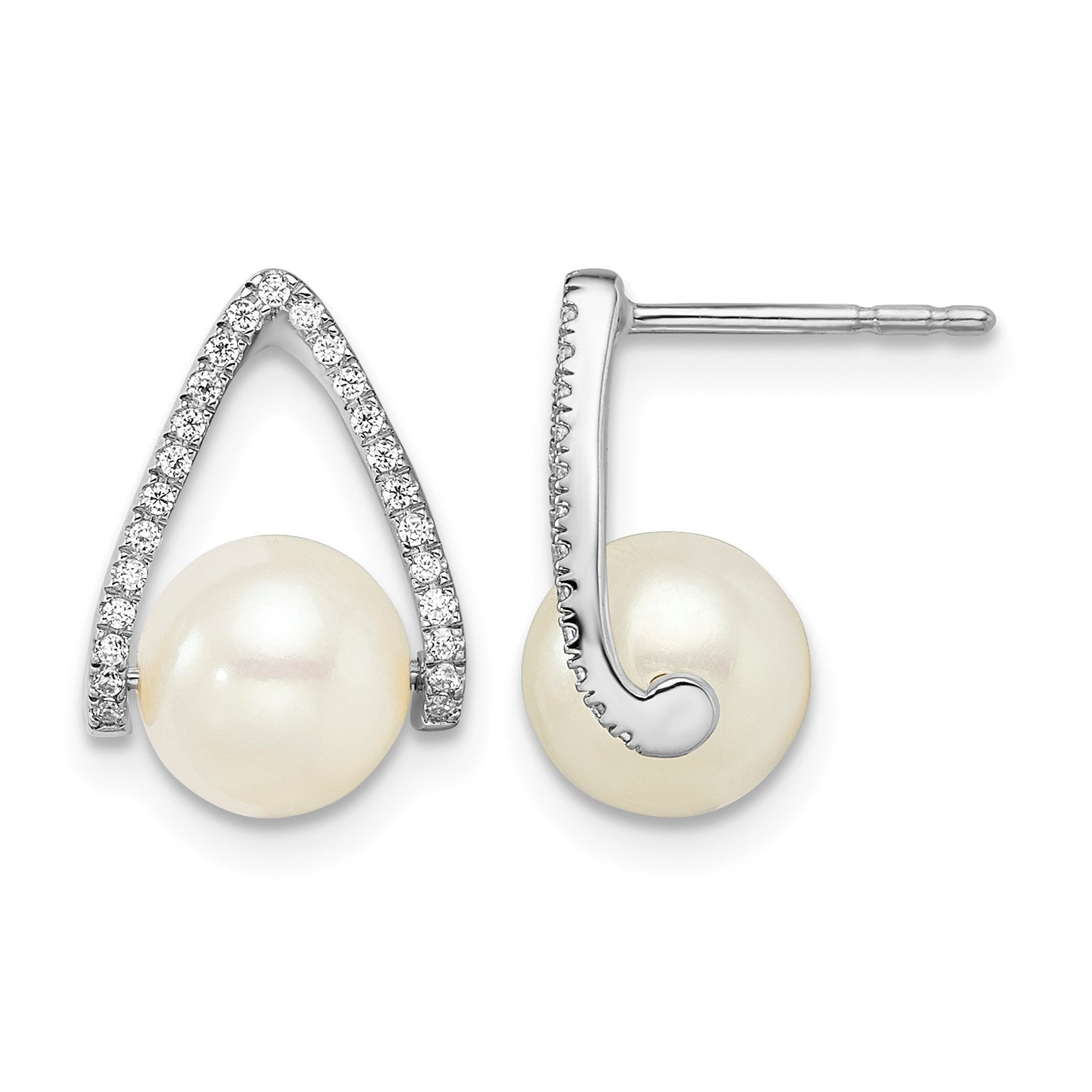 14k White Gold 6-7mm White Button Freshwater Cultured Pearl and .15 carat Diamond Post Earrings