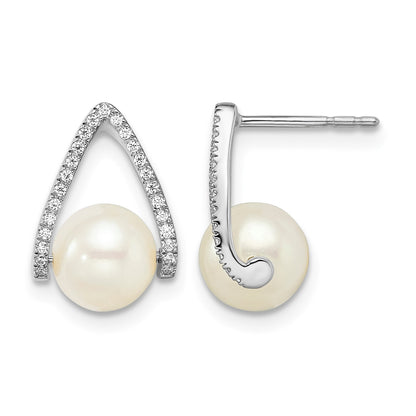 14k White Gold 6-7mm White Button Freshwater Cultured Pearl and .15 carat Diamond Post Earrings