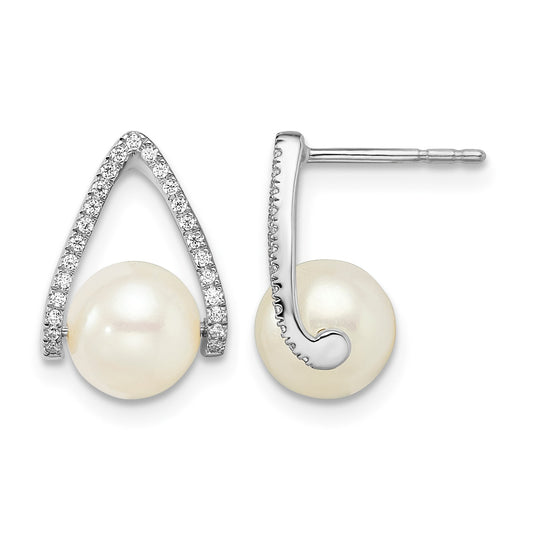 14k White Gold 6-7mm White Button Freshwater Cultured Pearl and .15 carat Diamond Post Earrings