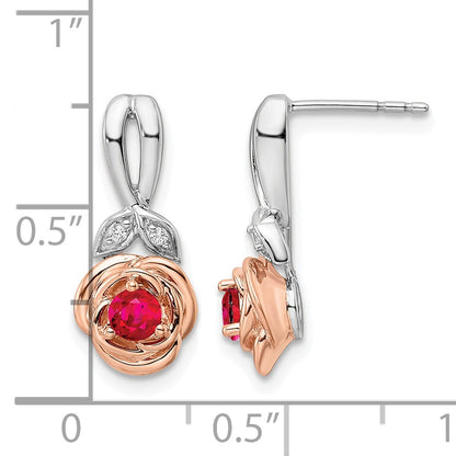 14K Two-tone White and Rose Gold Ruby and Diamond Flower Post Earrings