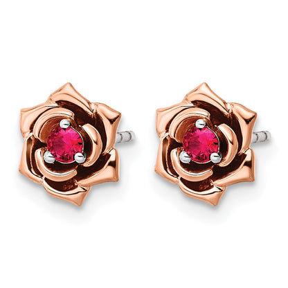 14K Two-tone White and Rose Gold Ruby Flower Post Earrings