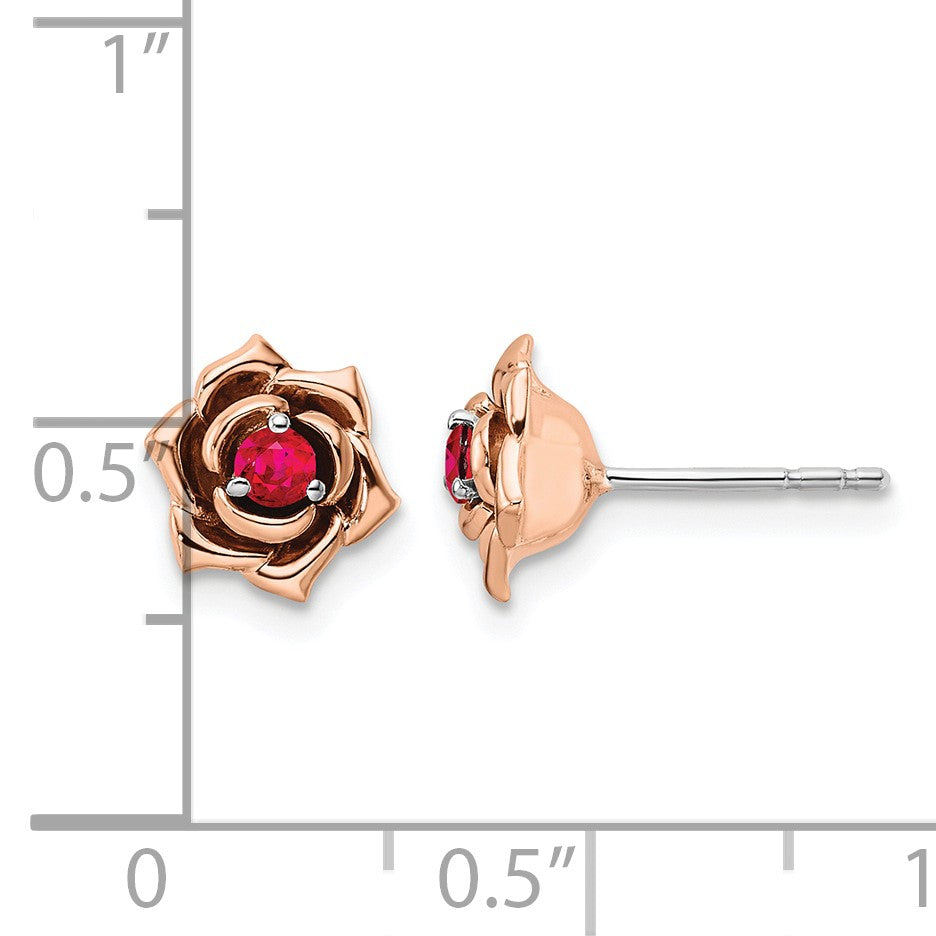 14K Two-tone White and Rose Gold Ruby Flower Post Earrings
