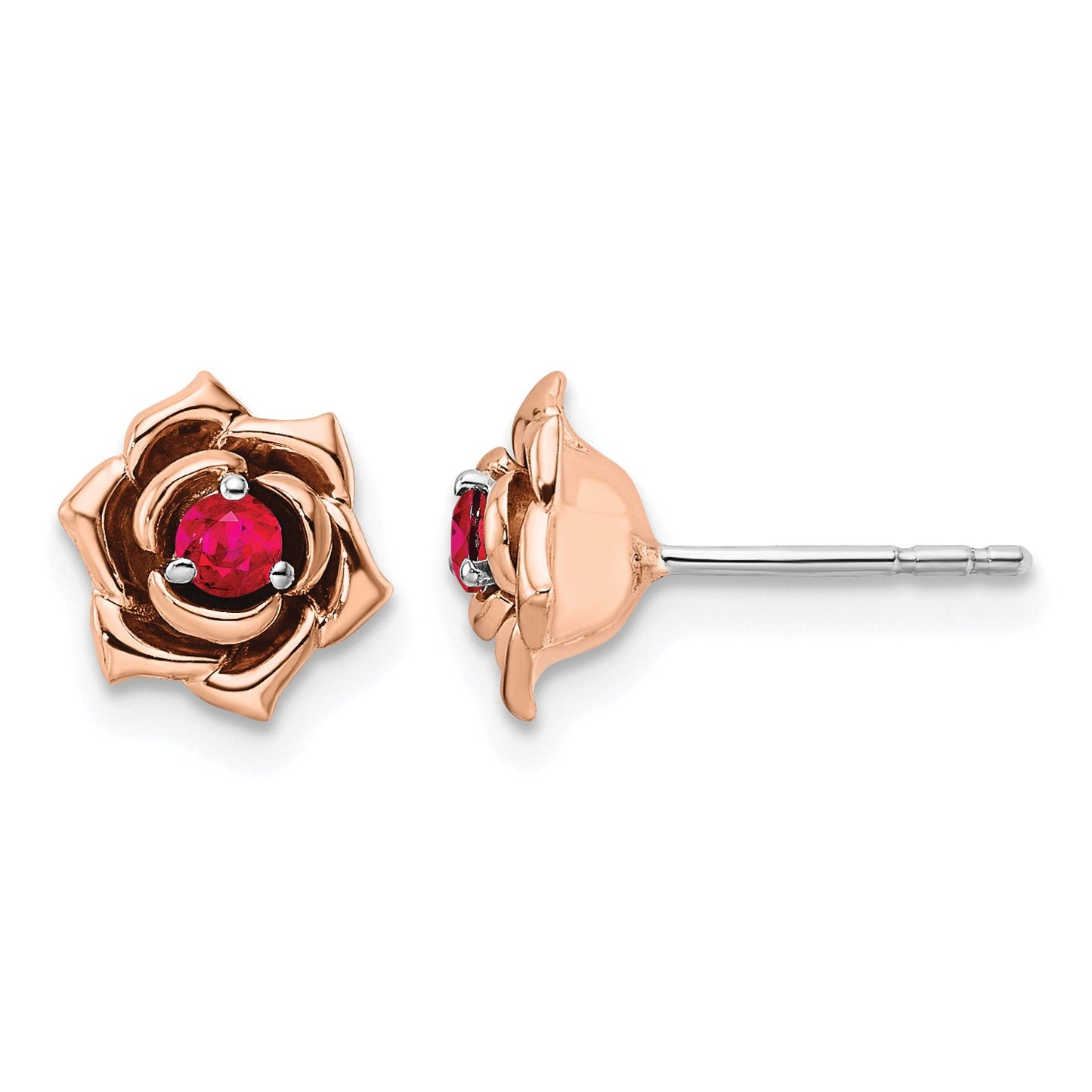 14K Two-tone White and Rose Gold Ruby Flower Post Earrings
