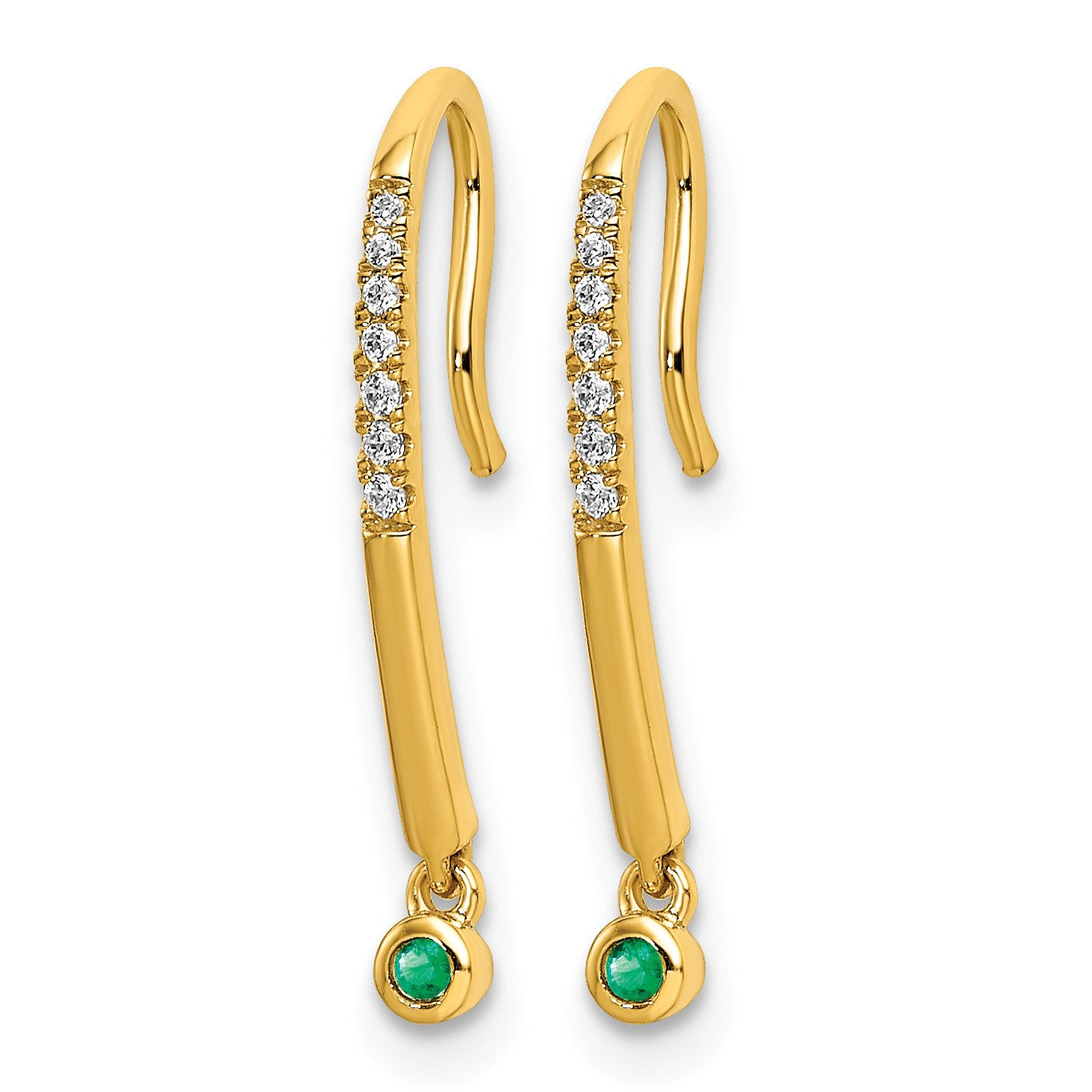 14k Polished Diamond and Emerald Drop Wire Earrings