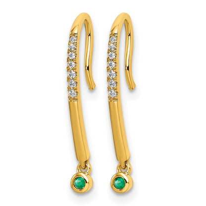 14k Polished Diamond and Emerald Drop Wire Earrings