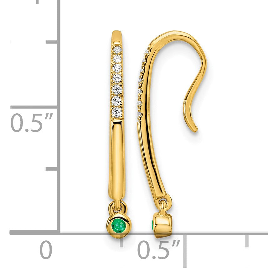 14k Polished Diamond and Emerald Drop Wire Earrings