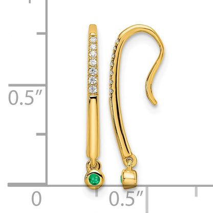14k Polished Diamond and Emerald Drop Wire Earrings