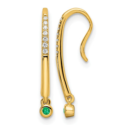 14k Polished Diamond and Emerald Drop Wire Earrings
