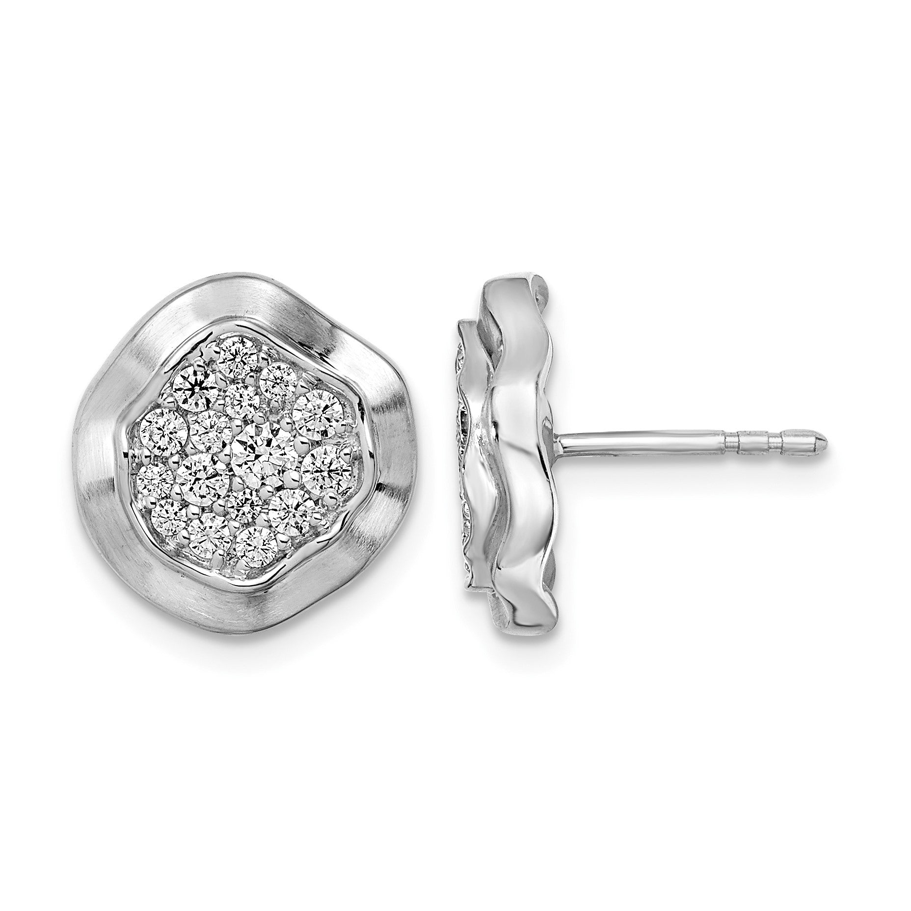 14k White Gold Polished Wavy Circle 5/8 carat Pave Diamond Post Earrings