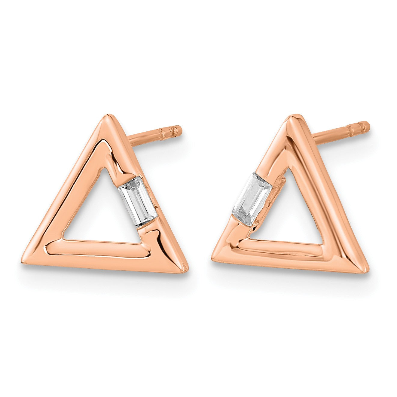 14k Rose Gold Polished 1/20 carat Diamond Baguette Triangle Post Earrings