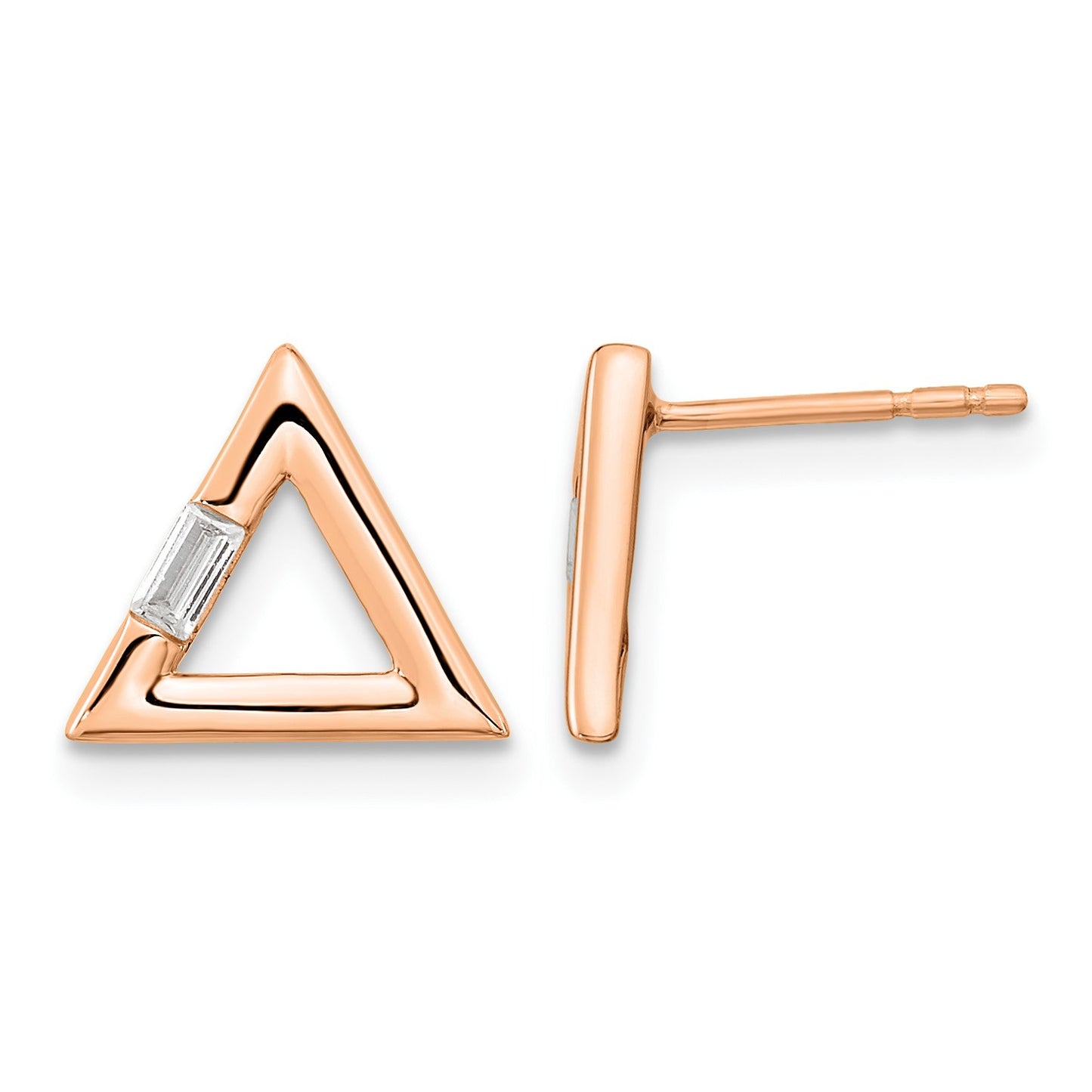 14k Rose Gold Polished 1/20 carat Diamond Baguette Triangle Post Earrings