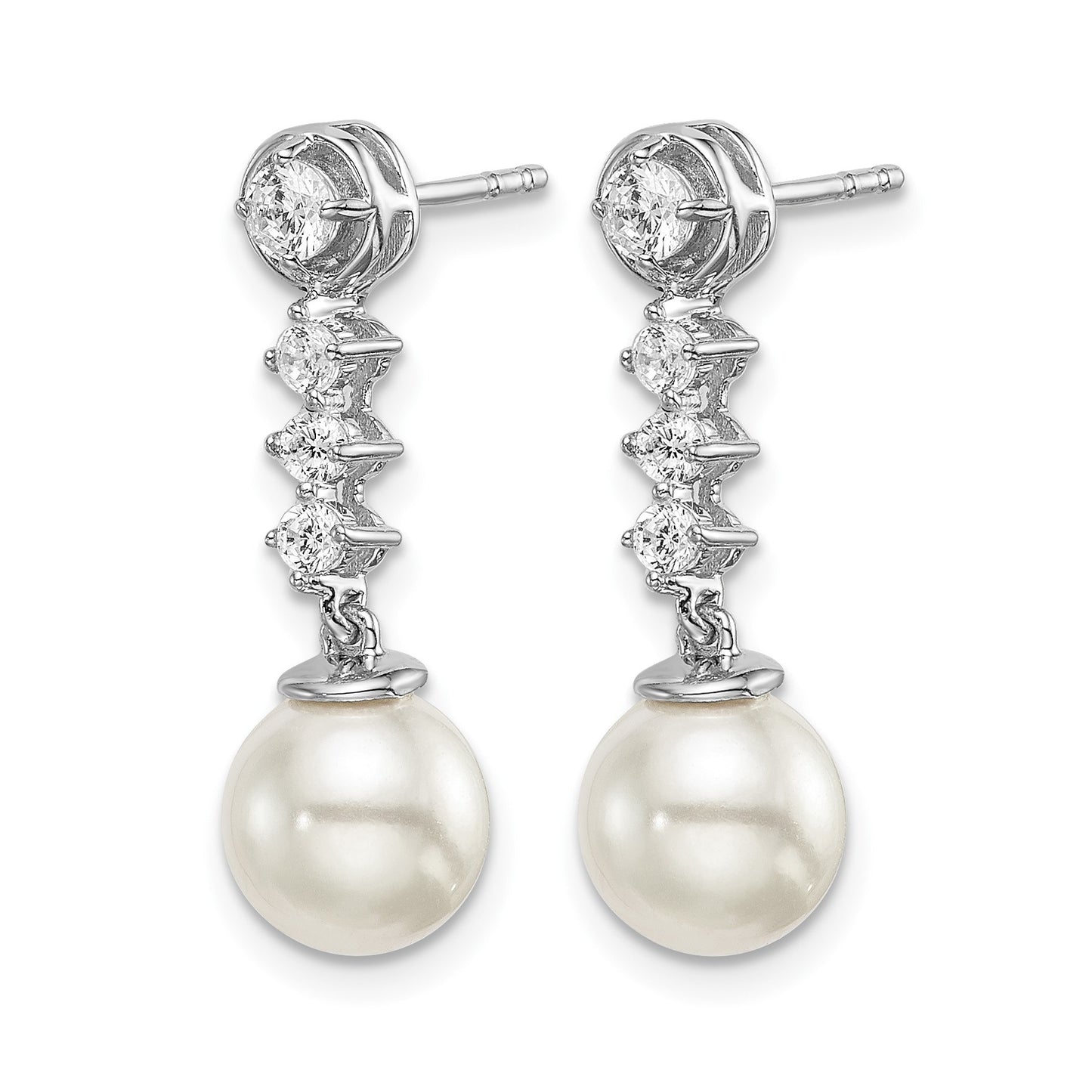 14k White Gold 6-7mm White Round Freshwater Cultured Pearl and .34 carat Diamond Dangle Post Earrings