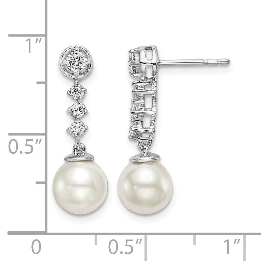 14k White Gold 6-7mm White Round Freshwater Cultured Pearl and .34 carat Diamond Dangle Post Earrings